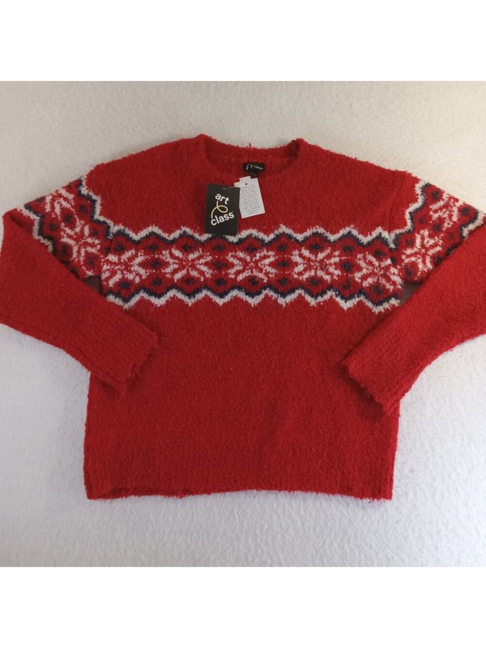 Art Class Girls Size L 10/12 Red Fair Isle Boucle Knit Pullover Sweater NWT